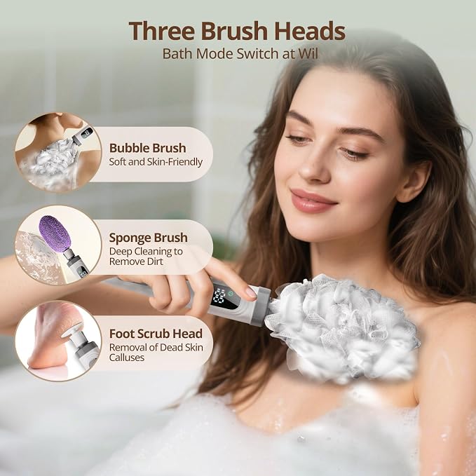 Electric Back Scrubber for Shower Waterproof Exfoliating Body Scrubber with 3 Replacement Heads & 2 Speed Modes for Skin Cleansing Massage Exfoliating Foot Callus Remover