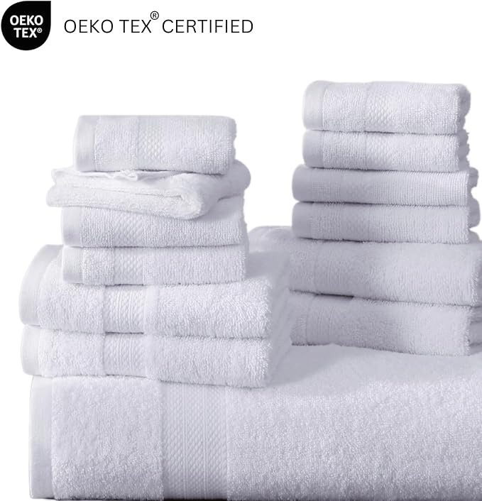 LANE LINEN Bath Towel Set 100% Cotton 18 Piece Soft Absorbent - White | Shower Towels - Generously Sized, Oversized & Roomy, Lightweight & Breathable, Fade-Resistant Color, Classic Terry Weave