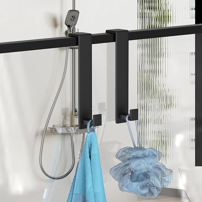 PMMASTO 10 Inch Extended Over The Door Hooks, Rustproof Stainless Steel Door Hanger with Non-Slip Pads for Bathroom Kitchen Entryway (Black, Fits 1-3/4" Thick Door, L Shape 2 Pack)