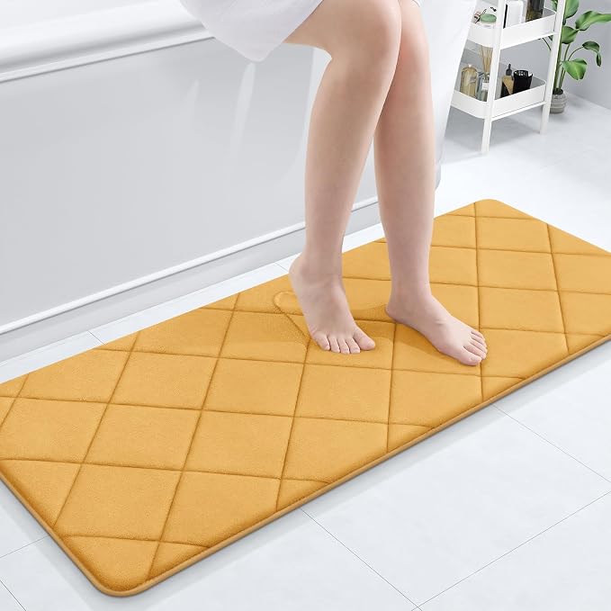 OLANLY Memory Foam Bath Mat 47x20, Ultra Soft and Absorbent Bathroom Rugs | Yellow, Quick Dry, Machine Washable Shower Bath Rugs, Comfortable Bath Carpet for Bathroom Floor, Tub and Shower