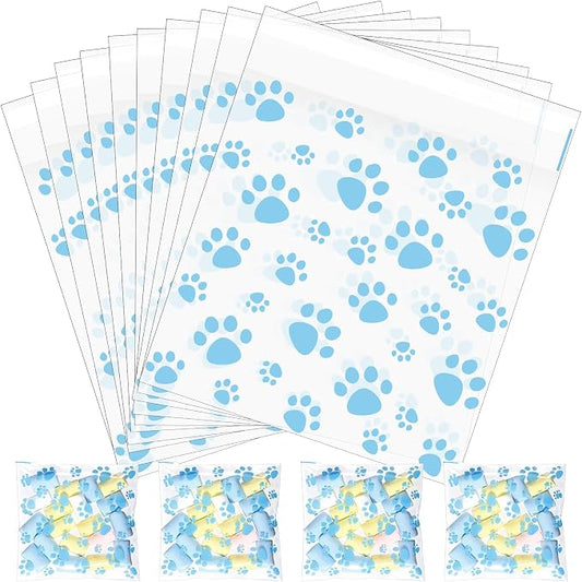 Pasimy 200 Pcs Paw Plastic Bags Pet Cellophane Bags Self-adhesive Clear Treat Pouches for Pet Dog Theme Party Supplies Decor(Clear Blue)
