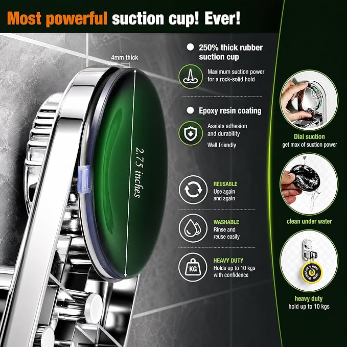 Suction Cup Handheld Shower Head Holder - 90 Degree 5 Angles Adjustable - Wide Input - Fits Heavy Shower Sprayer -Wall Mount Shower Hose Holder