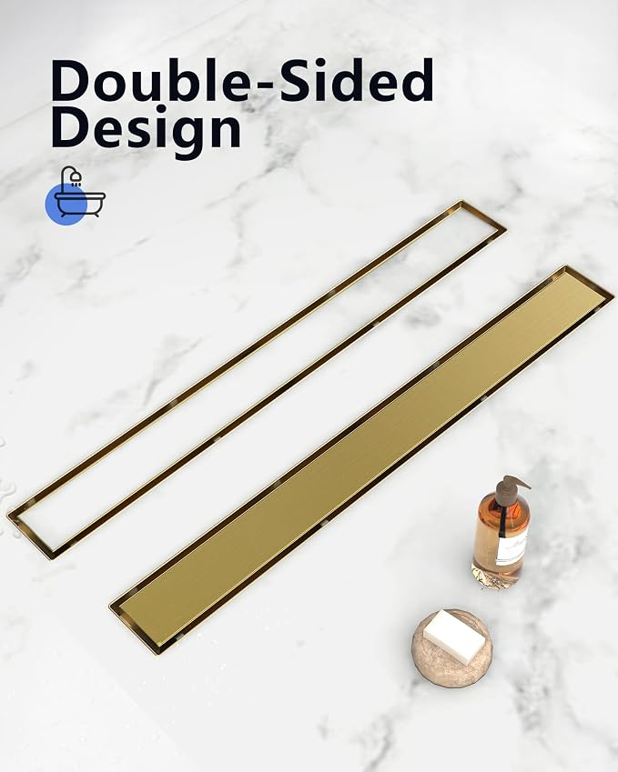 YEFU Gold Linear Shower Drain for Bathroom: 12 Inch Shower Drain with Tile Insert Grate - 304 Stainless Steel Rectangle Linear Drain - 2-in-1 Brushed Gold Shower Floor Drain