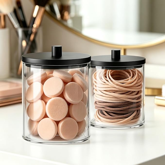 BKYFPQ 2 Pack Glass Qtip Holder Dispenser Set - 15oz & 10oz Apothecary Jars with Lids - Vanity Makeup Organizer and Bathroom Canister Storage Organizer for Cotton Ball, Swab, Round Pads,Floss