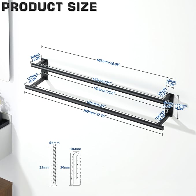 Alise Bathroom Double Towel Bars Wall Mount 28'' Towel Holder Towel Racks for Bathroom,SUS304 Stainless Steel Towel Hanger Towel Rails,Matte Black