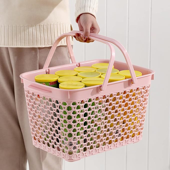 Anyoifax Portable Shower Caddy Tote, Plastic Storage Basket with Handle Bath Organizer Bin for Bathroom, Pantry, Kitchen, College Dorm, Garage - 11.2 x 7.9 x 6.8 in - Pink