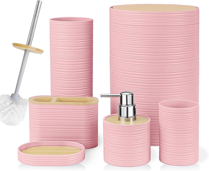CERBIOR Bamboo Bathroom Accessories Set 6 Piece Spiral Bath Ensemble（Pink） | Includes Soap Dispenser, Toothbrush Holder, Toothbrush Cup, Soap Dish for Decorative Countertop and Housewarming Gift, Pink