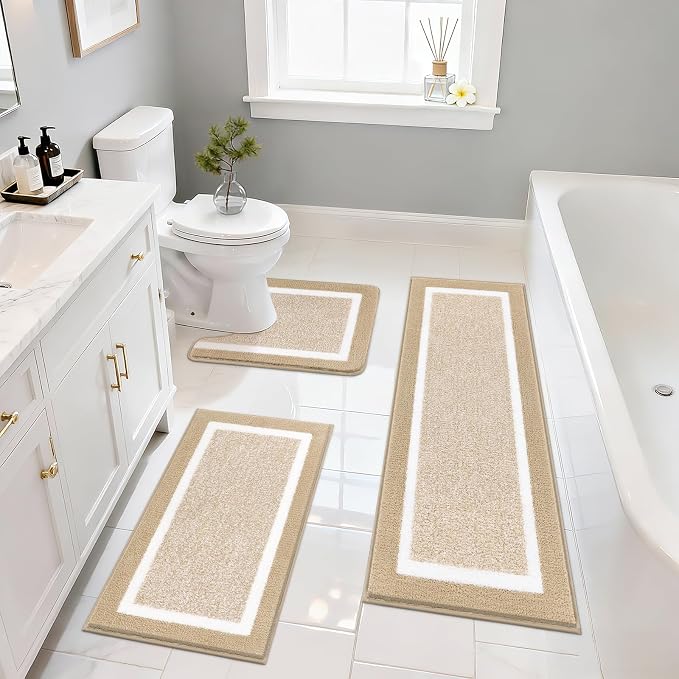 Pauwer Bathroom Rug Sets 3 Piece, Non Slip Washable Bath Ma, Beige | Soft Plush Microfiber, Super Absorbent Floor Carpet, U Shaped Toilet Mats, Quick Dry, Shaggy Shower Rugs Runners