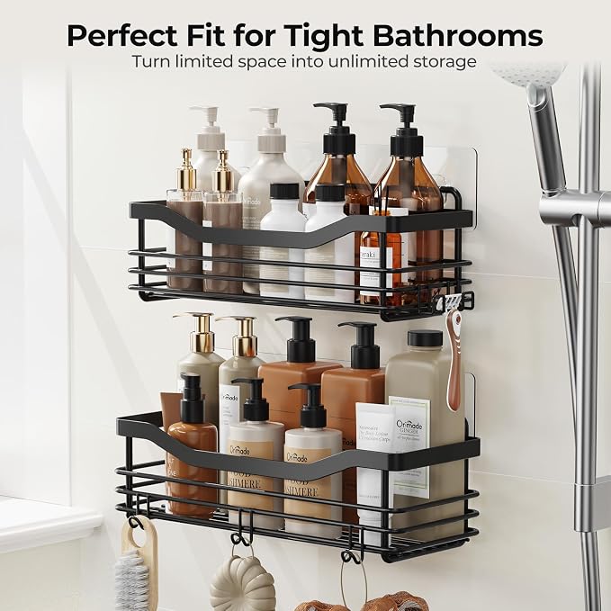 Orimade Shower Caddy Basket Shelf Storage Rack, No Drilling Wall Mounted Adhesive Rust Resistant Stainless Steel Shower Organizer with 5 Hooks for Bathroom, Black 2 Pack
