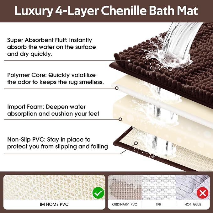 ACCUMTEK Striped Brown Bathroom Rug Mat Set 2 piece 32"x20"+24"x17" Ultra Soft, Non Slip Chenille Bath Rugs, Absorbent Plush Shaggy Bath Mats for Bathroom, Bedroom, Kitchen, Shower, Tub