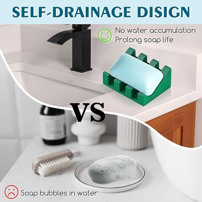 Silicone Soap Dish Self Draining with Suction Cups (Green,1 Pack) | Waterfall drainage design drains fast to keep soap dry silicone soap saver with reusable suction cups for bathroom & kitchen