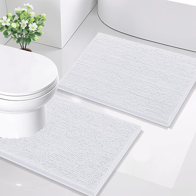 Smiry Chenille Bathroom Rugs Sets 2 Piece (24x16+ U Shape 24x20, White) | Soft Absorbent Machine Washable Non Slip Shaggy Bath Rug Set for Tub, Shower, and Floor, Home Decor