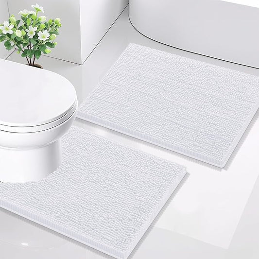 Smiry Chenille Bathroom Rugs Sets 2 Piece (24x16+ U Shape 24x20, White) | Soft Absorbent Machine Washable Non Slip Shaggy Bath Rug Set for Tub, Shower, and Floor, Home Decor