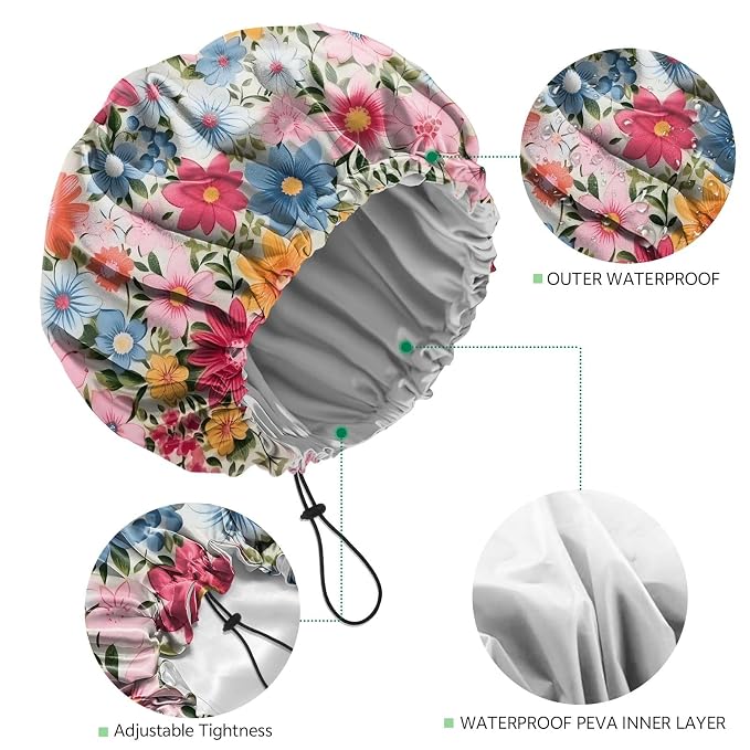 2 PCS Shower Cap Waterproof Double Layer Elastic Adjustable Reusable Hair Bath Caps for Girls Women Cute Aesthetic-Floral 1
