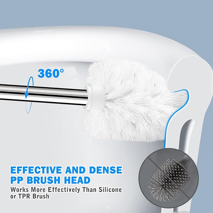 Toilet Brush and Holder, Toilet Brush with 304 Stainless Steel Long Handle, Toilet Bowl Brush for Bathroom Toilet-Elegant-Cleaning-Bristles(White)