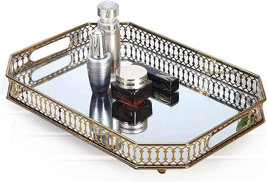 Vintage Gold Mirrored Vanity Tray – Decorative Perfume and Makeup Organizer with Handles for Dresser, Bathroom or Jewelry Display, Large Size 13.8" X 9.6" X2.2"