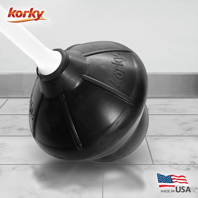 Korky White Toilet Plunger and Holder – Fast Clog Removal - Made in USA
