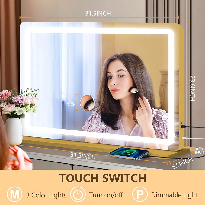 Ratsamee Vanity Mirror with Lights, Led Makeup Mirror, Lighted Makeup Mirror with 3 Color Dimmable Lights, Smart Touch Screen Control, Aluminum Metal Frame,USB Charging Port