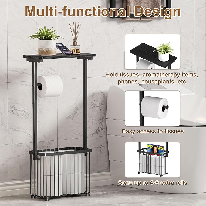 Free Standing Toilet Paper Holder with Storage Shelf – Bathroom Tissue Stand with Space for Phone, Wet Wipes and Magazines – All-in-One Toilet Roll Dispenser and Organizer Holds 4-6 Rolls
