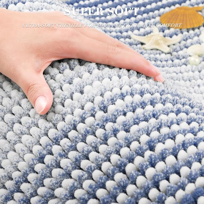 Bathroom Rugs Sets 2 Piece, Non Slip Striped Bath Mats, Denim Blue | 20"x32" Plus 16"x24"，Soft Absorbent Chenille, Quick Dry Machine Washable, Shower Rug for Bathroom Floor, Tub, Bedroom Decor