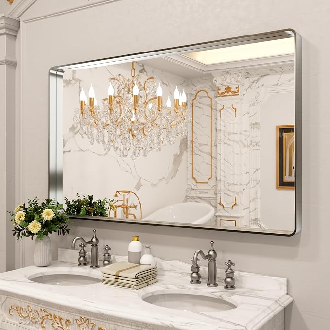 LOAAO 60X30 Inch Brushed Nickel Bathroom Mirror | Rounded Rectangle, Silver Metal Frame, Anti-Rust, Tempered Glass, Hangs Horizontally or Vertically