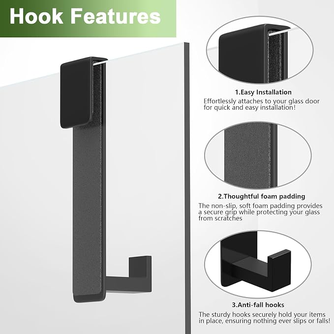 Shower Door Hooks, Heavy Duty Rack Hooks for Robe, Stainless Steel Towel Hooks for Bathroom, Fits Frameless Glass Shower Doors up to 3/8" (10mm) Thick (Black, 2 Pack)