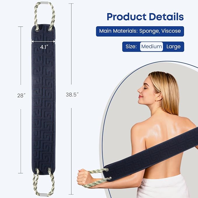 38 Inch Exfoliating Back Scrubber for Shower, Back Washer, Black | Dual Handles Long Bath Exfoliator, Full Back Coverage without Straining, Dual-Sided for Deeper Cleansing, Men & Women Acne