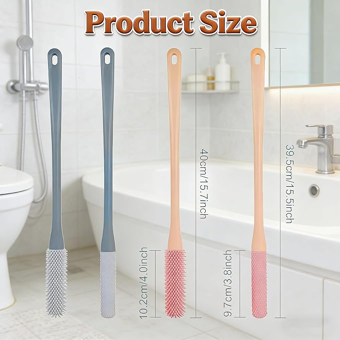 Toe Cleaning Brush, Silicone Toe Gap Cleaner 15.7inch Long Handled Foot Brush for Seniors, Soft Rubber Brush Exfoliating Foot Scrubber for Shower - Seniors, Men and Women (Pink)
