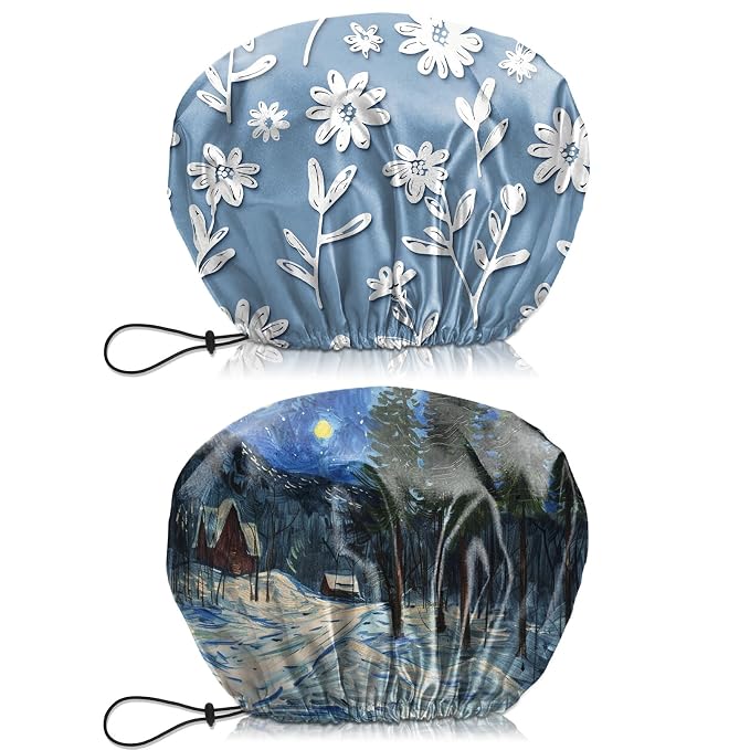 2 PCS Shower Cap Waterproof Double Layer Elastic Adjustable Reusable Hair Bath Caps for Girls Women Cute Aesthetic-Blue White