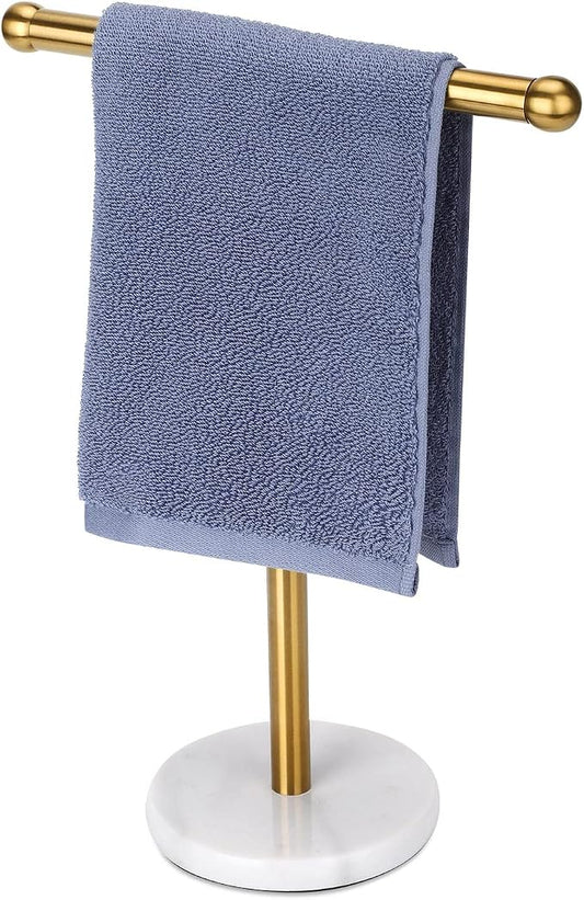 Gold Hand Towel Holder Stand with Heavy Marble Base, T-Shape Towel Rack, Free-Standing for Bathroom Vanity Countertop, 304 Stainless Steel (Gold)
