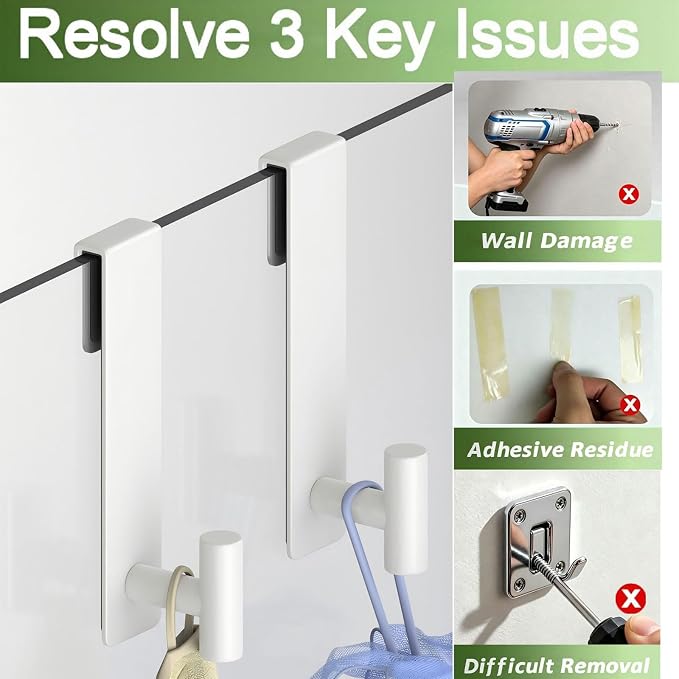 Shower Door Hooks, Heavy Duty Rack Hooks for Robe, Stainless Steel Robe Towel Hooks for Bathroom, Fits Frameless Glass Shower Doors up to 3/8" (10mm) Thick (White, 2 Pack)