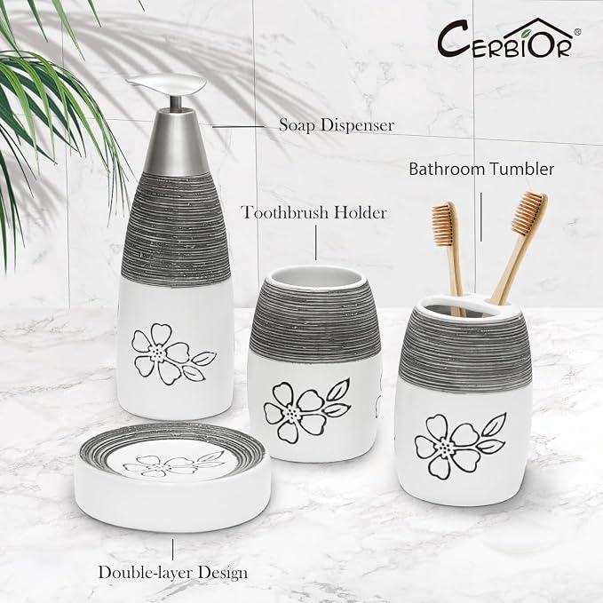 CERBIOR Bathroom Accessories Set,4 PCS Ceramic Bath Accessory,White Flower | Includes Toothbrush Holder, Toothbrush Cup, Soap Dish for Decorative Countertop and Housewarming Gift