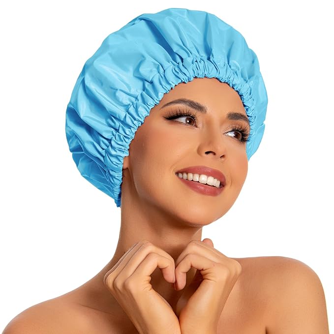 Edoneery Shower Caps for Women Reusable Waterproof, Shower Hair Cap | Washable Bonnet, Wide Elastic Band, Large Fit, Holds Long Hair, Braids Friendly, Bath Accessories, Spa, Travel
