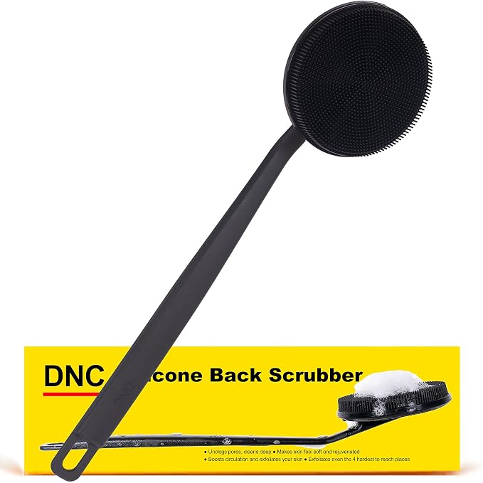 DNC Back Scrubber for Shower, Silicone Shower Brush with Long Handle Soft Bristles, Bath Body Exfoliator Washer for Men Women