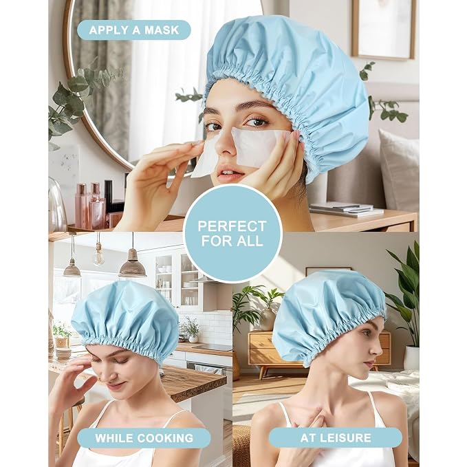 Shower Cap for Women, Large Waterproof Shower Bonnet | Double Layer, Reusable Hair Protector, Washable Large Bath Cap, Wide Elastic Band, for Long Hair, Braids - Blue