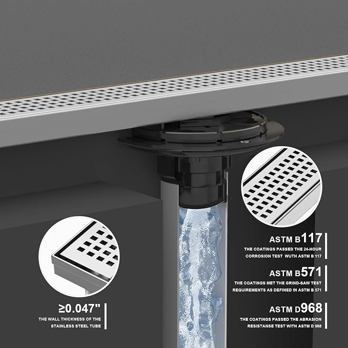 Linear Shower Drain | 60 Inch AISI 304 Stainless Steel Shower Drain, Brushed Nickel Linear Drain with Removable Quadrato Grate Cover & Adjustable Feet, Rectangle Floor Drain, in Bathroom Balcony etc
