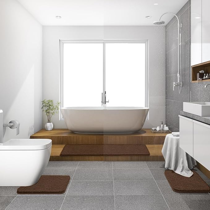 MIULEE Brown Bathroom Rugs Set 2 Piece Soft Bath Mats 20x20+20x32 Inch | Absorbent Microfiber Bath Mat and U-Shaped Toilet Rug, Non Slip, Quick Dry, for Bathroom Floor Tub Showers, Machine Washable