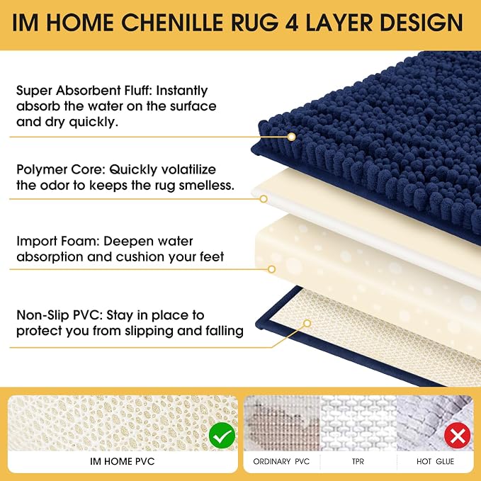 ACCUMTEK Upgrade Luxury Navy Blue Bathroom Rug Mat 48"x17", Ultra Soft Thick Absorbent Bath Mats, Non Slip Chenille Toilet Mat for Bathroom, Bedroom, Kitchen, Shower, Tub
