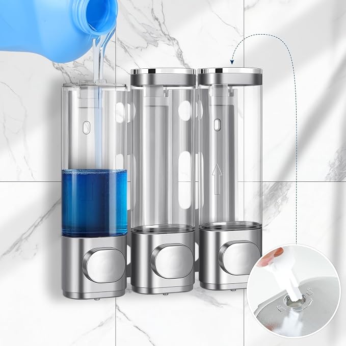 Shower Soap Dispenser,Shampoo and Conditioner Dispenser | Shower Dispenser 3 Chamber No Drill,10.14 oz 3-in-1,Wall Mounted Refillable Bottles,Shower Accessories for Bathroom,RV&Hotel