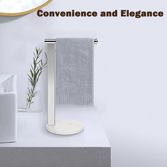Hand Towel Holder Stand for Bathroom, L- Shaped Standing Hand Towel Rack, Towel Bar Kitchen Vanity Countertop Organizer, SUS304 Stainless Steel Material (Marble Base, Chrome)