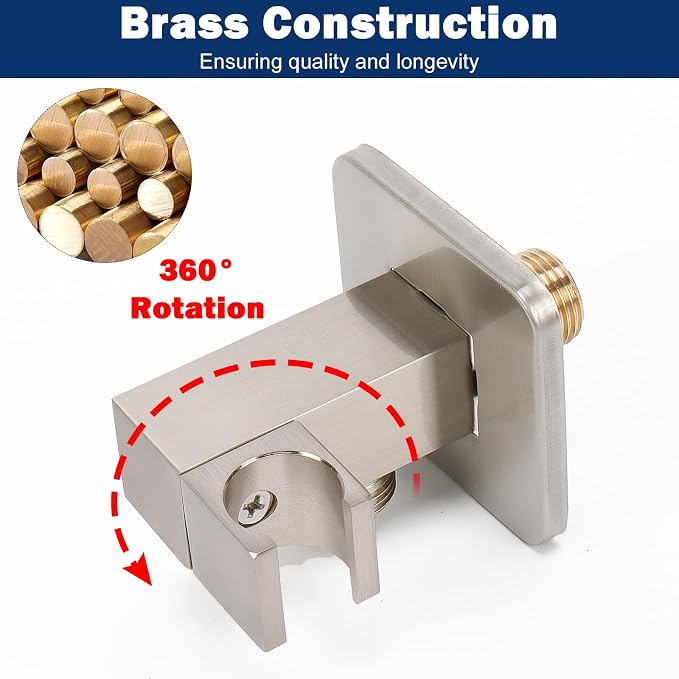 NearMoon Wall Supply Elbow with Handheld Shower Holder - Square Shower Bracket with Flange G1/2 Shower Hose Connector, Wall Mounted Drop Union Male Water Outlet (Brushed Nickel)