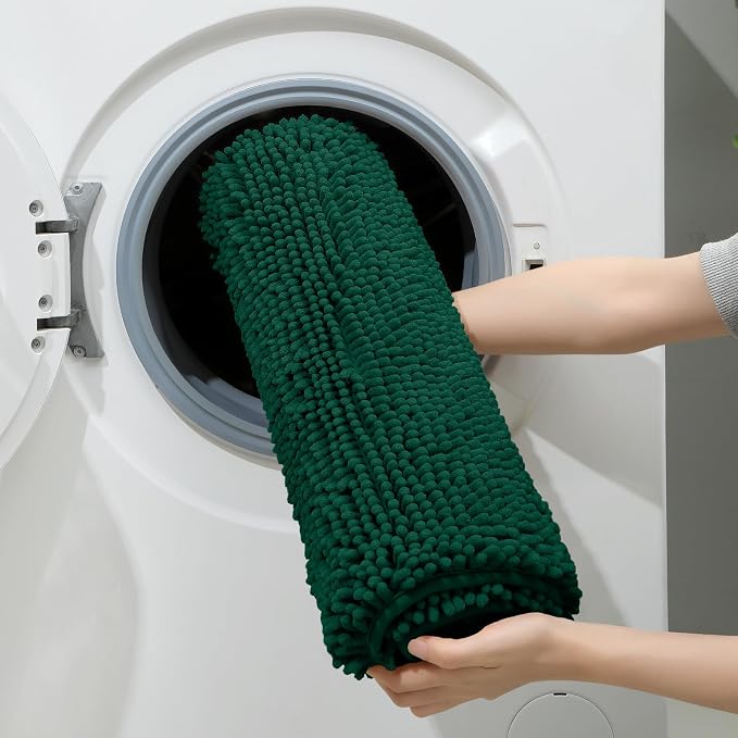 HOMEIDEAS Dark Green Chenille Bathroom Rugs Set of 3, Non Slip Bath Mat | Super Absorbent, Soft Microfiber, Machine Washable, Stain Resistant, for Bathroom Decor