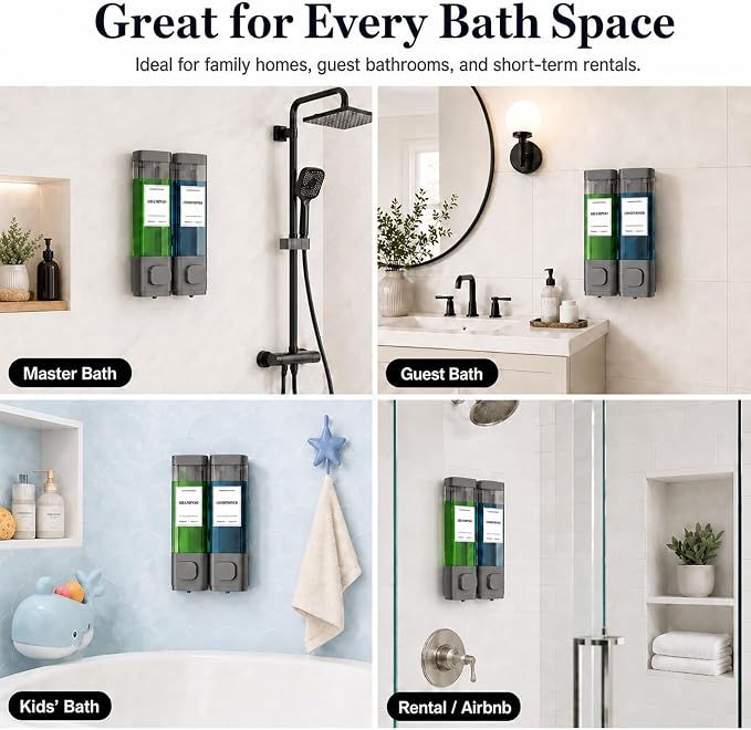 Shampoo and Conditioner Dispenser – Wall-Mounted Shower Soap Dispenser, No-Drill Installation, Lockable, 900 ml Capacity,for Bathroom & Hotel or Airbnb (Gun Gray, 2-Pack)