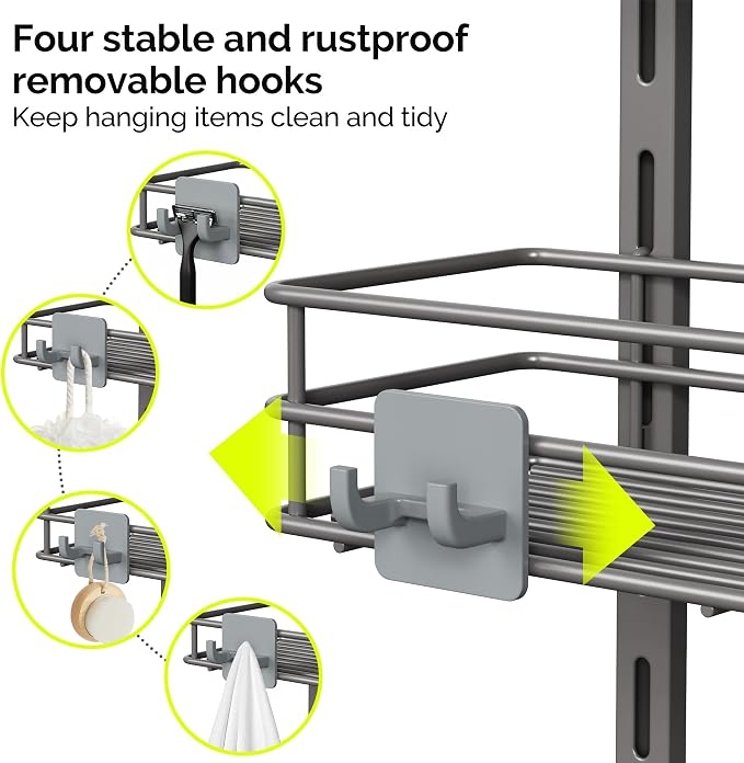 Orimade Over The Door Shower Caddy Adjustable 5 Tier Dark Grey,Bathroom Hanging Organizer Shelf Rustproof with 4 Hooks,Shower Basket with Soap Holder and Suction Cup