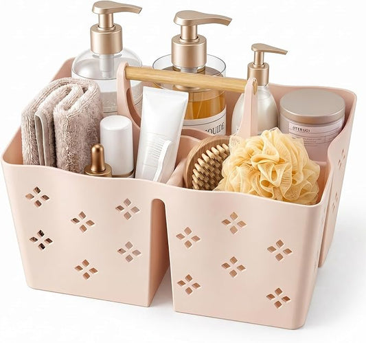 GVY Portable Plastic Shower Caddy, Large Capacity Shower Basket with Handle, Divided Bathroom Toiletry Organizer, Quick-Drain Shower Caddy for College Dorm Beach Kitchen Essentials, Cream