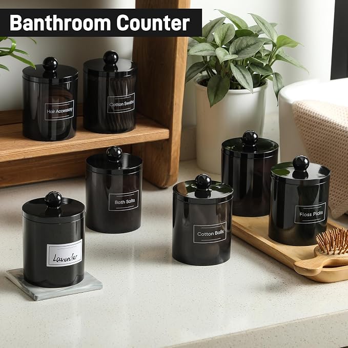 6 Pack Acrylic Qtip Holder Dispenser for Cotton Swabs, Balls, Floss Picks | Thick, Clear Black, w/ Labels - Small Canister Apothecary Jar Set, Bathroom Decor Essentials, Shelf Vanity Storage Organizer