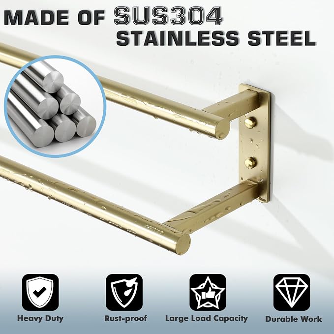 Alise Double Towel Bars for Bathroom Wall Mounted,24 InchSUS304 Stainless Steel Bathroom Towel Holder,Towel Hanger Towel Racks for Bathroom,Brushed Gold Towel Rod