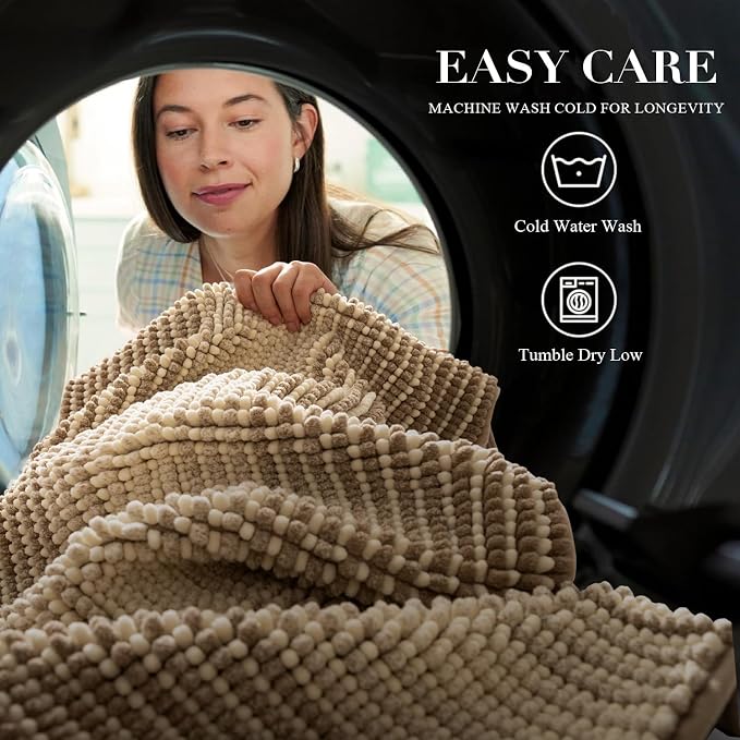 Bathroom Rugs, 17x24 Chenille Bath Mats, Tan | Extra Soft Absorbent, Non Slip Striped, Quick Dry Machine Washable, Shower Rug for Bathroom Bedroom Decor