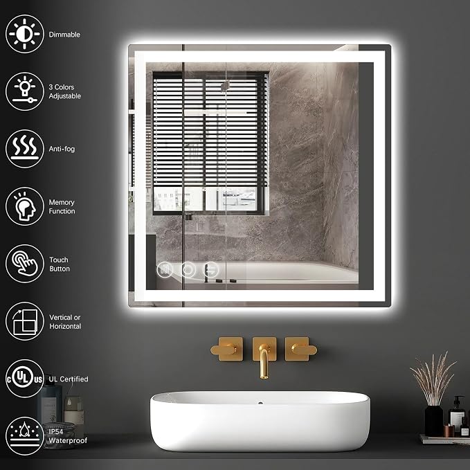 Memobarco 24" x 24" LED Bathroom Mirror with Lights, Memory Vanity Mirror | Anti-Fog, 3 Color Modes, Dimmable, Front Lit, Memory Function, Tempered Glass, Lighted Bathroom Mirror for Wall