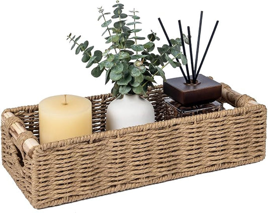 CubesLand Back of Toilet Storage Basket for Organizing w/Cut Out Handle, Handwoven Toilet Tank Top Paper Baskets, Small Wicker Decorative Basket for Countertop, Home, Living Room, Nursery, Neutral